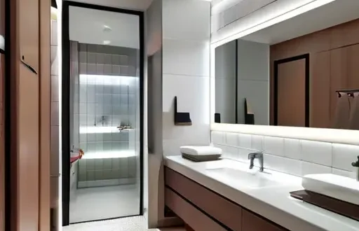 маленькая ванная с широким зеркалом и подсветкой по периметру